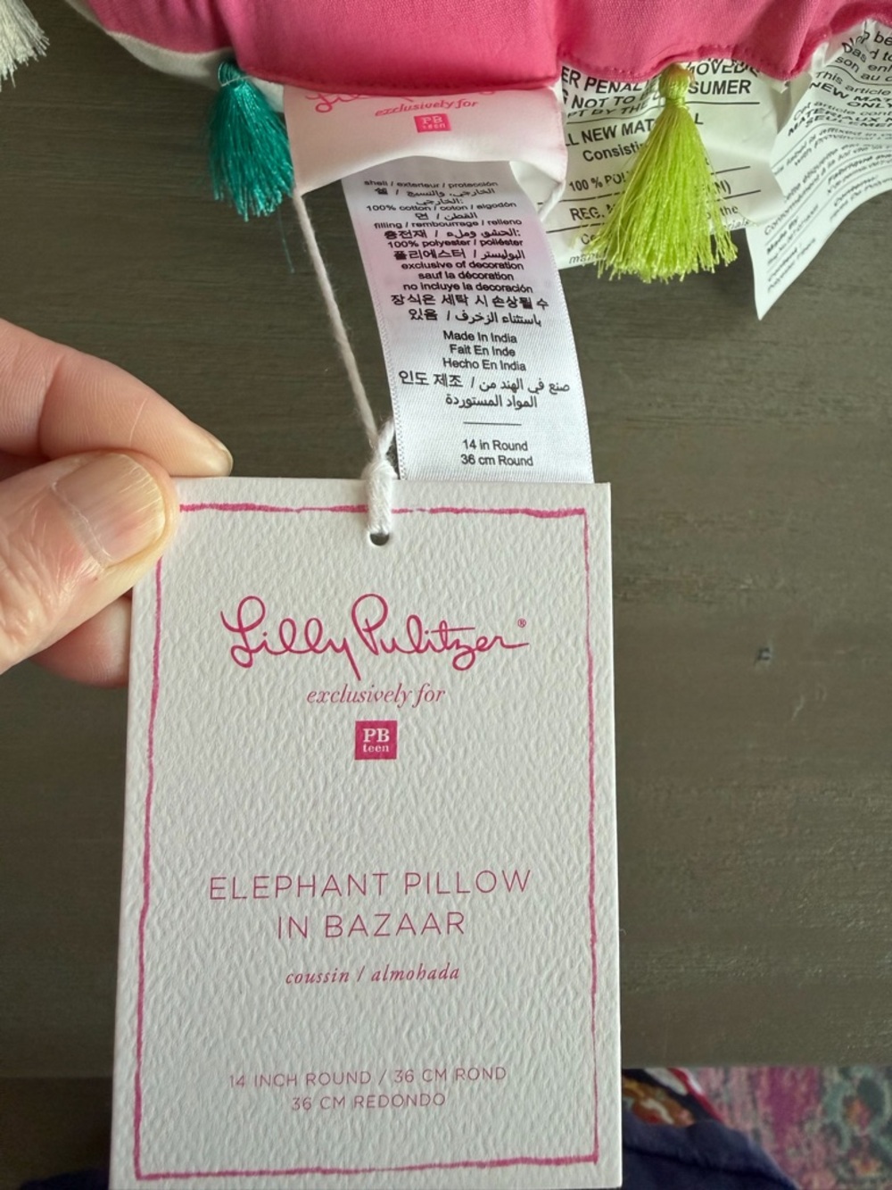 NWT Lilly Pulitzer Pottery Barn 14” round pillow pink elephant Bazar tassels - Picture 2 of 10